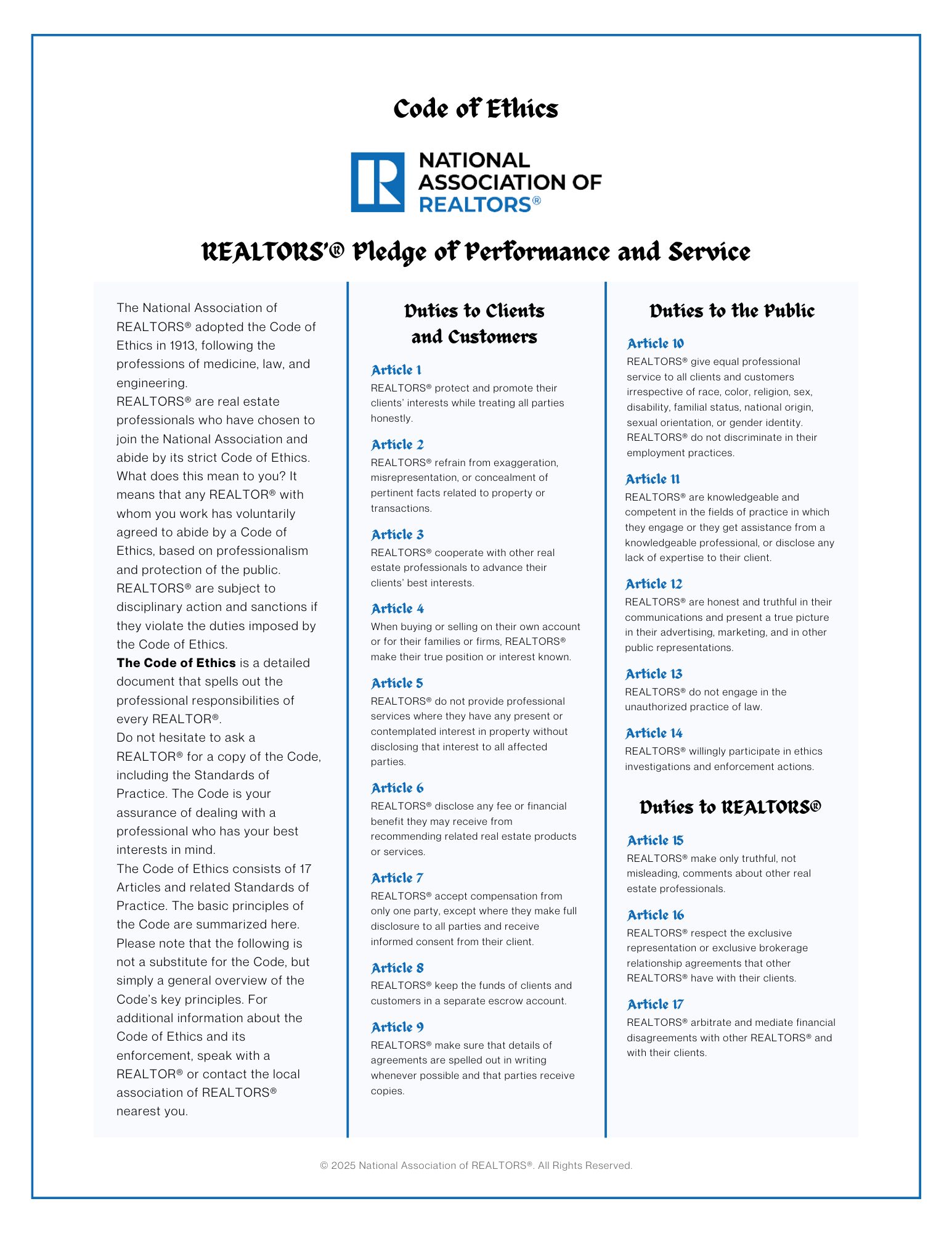 Realtors Pledge of Performance an Service - Flyer